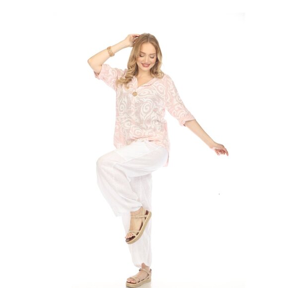 Light Pink Spiral Print V-Neck Button Detail Top - Picture 6 of 8